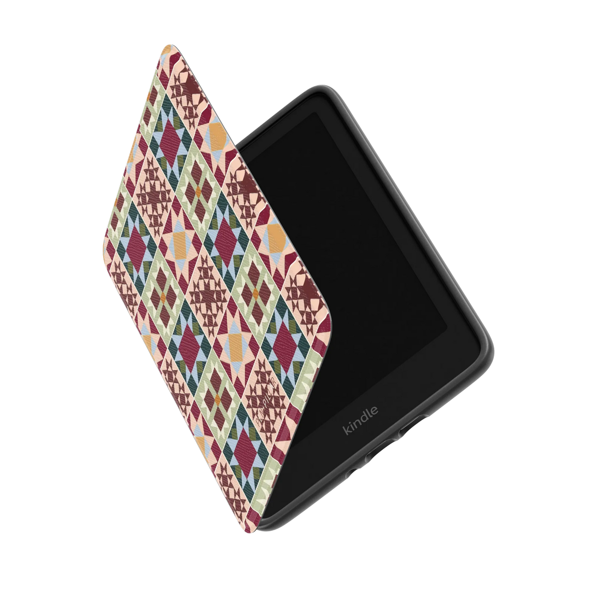 Sugarplum Kindle case standing partly open, showing the printed front cover and the Kindle inside