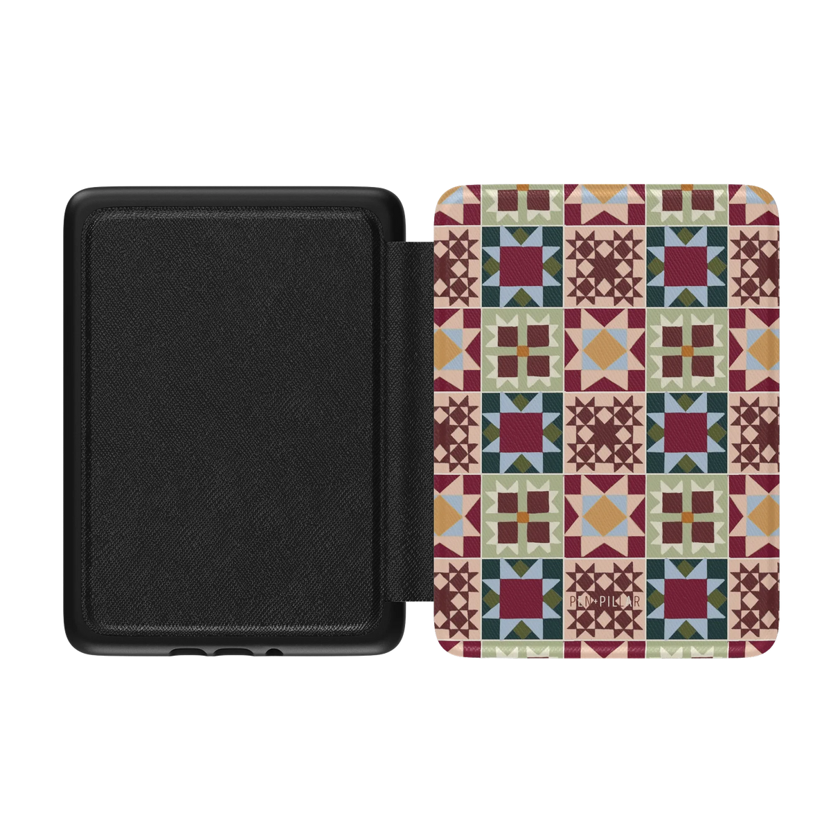Sugarplum Kindle case opened flat, black inner lining on the left and the printed front cover on the right