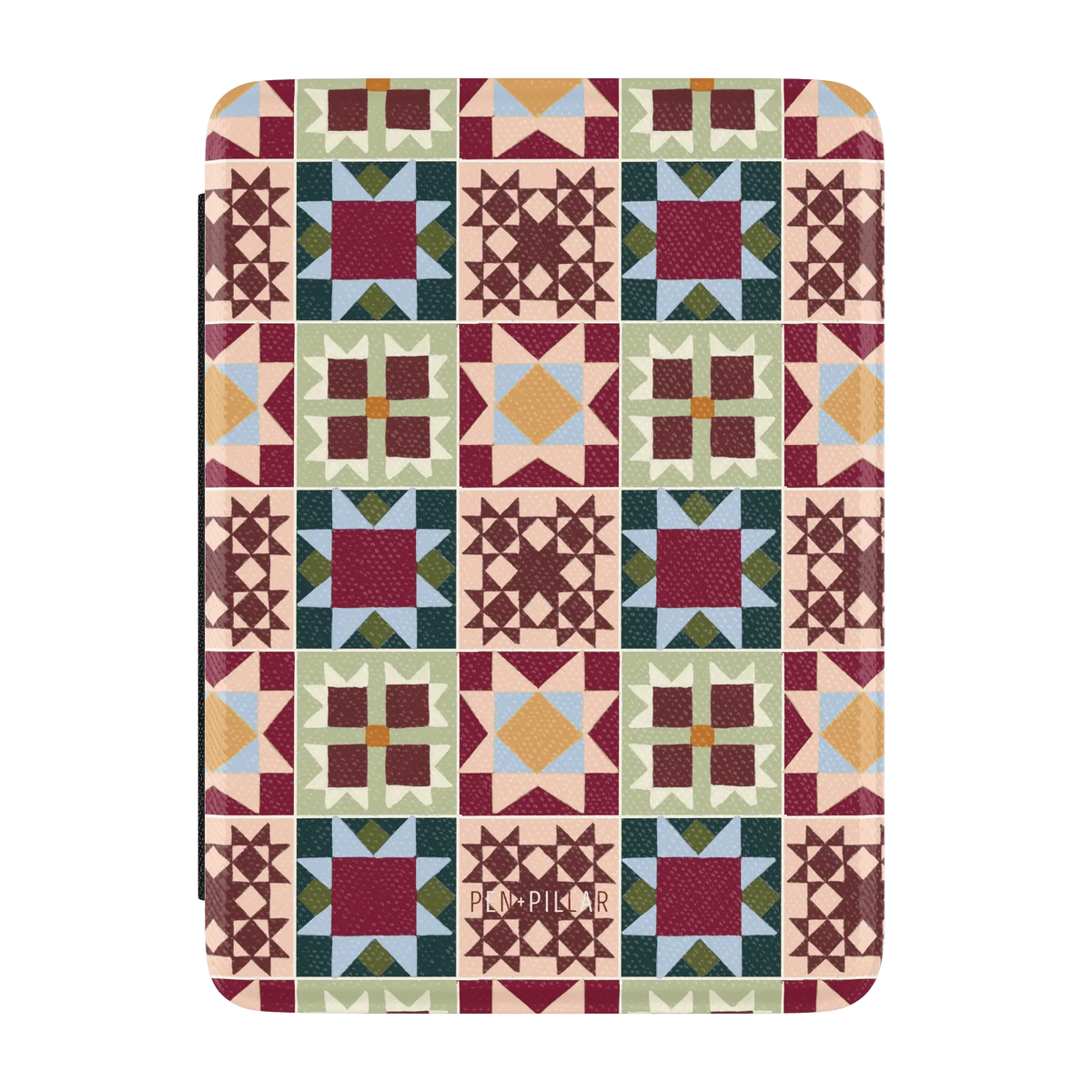 Sugarplum Kindle case, front cover: quilt blocks in burgundy, forest green, blush and gold