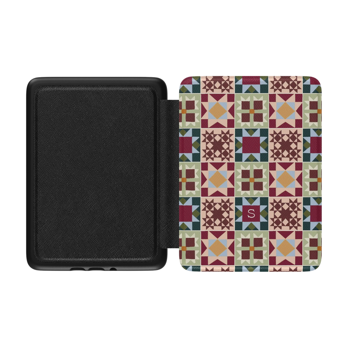 Sugarplum Personalized Kindle case opened flat, black inner lining on the left and the printed front cover on the right