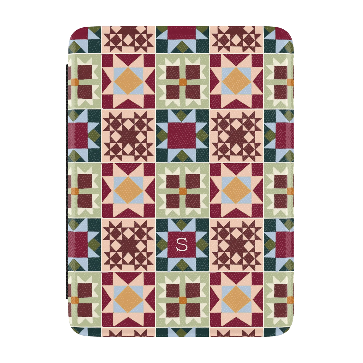 Sugarplum Personalized Kindle case, front cover: quilt blocks in burgundy, forest green, blush and gold with the initial S