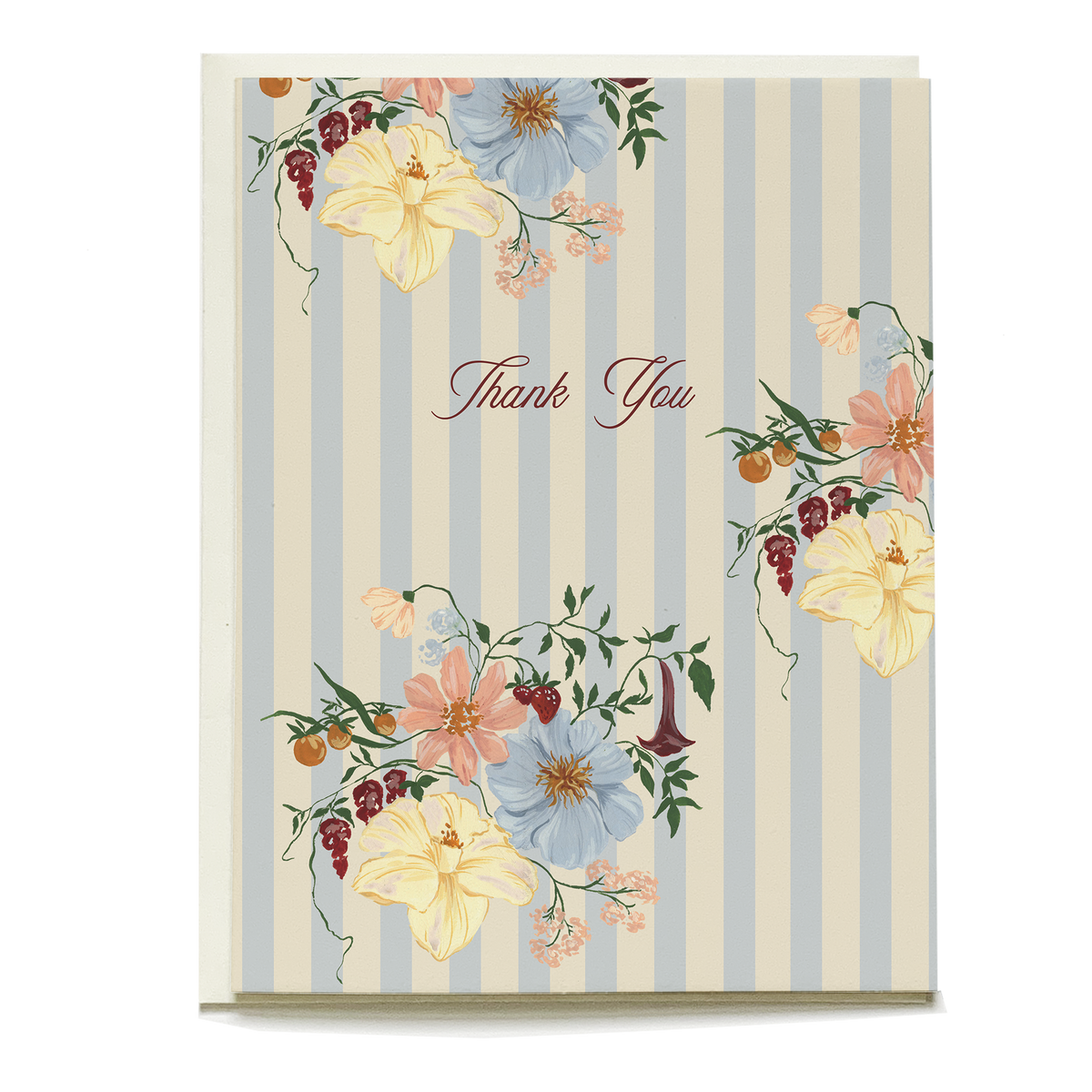 Vertical striped card with blue and yellow floral illustrations and cursive Thank You text.