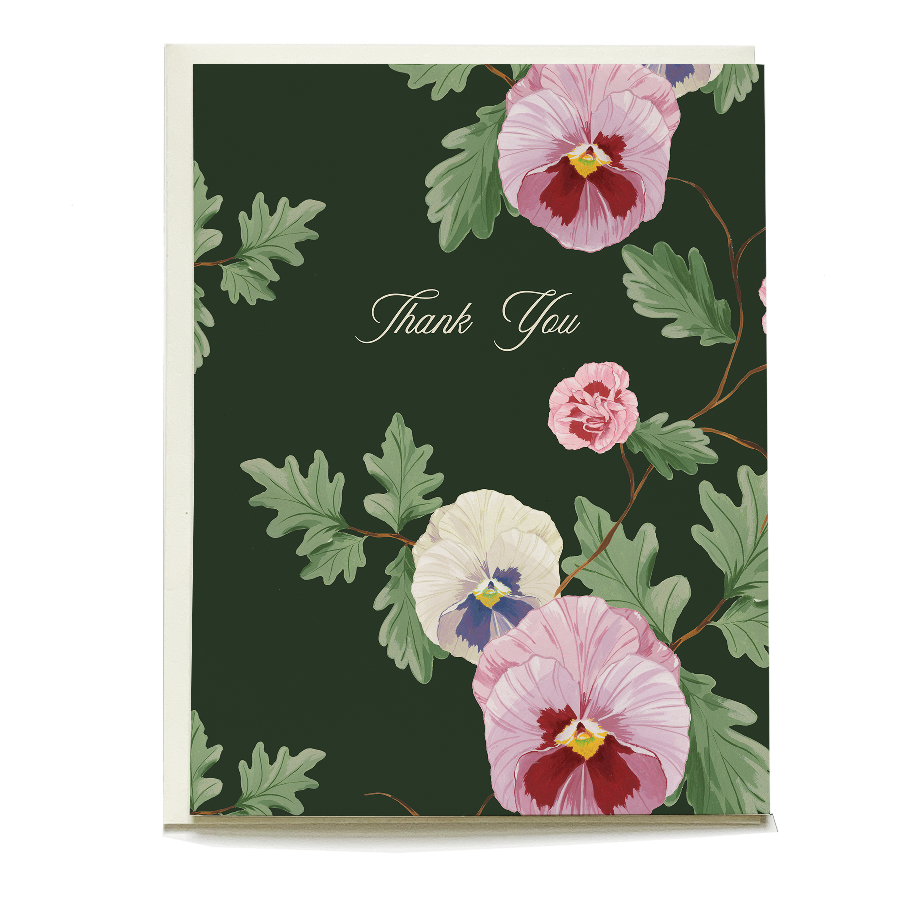 Dark green paper card featuring pink and white viola flowers with green leaves and the text Thank You in cursive.