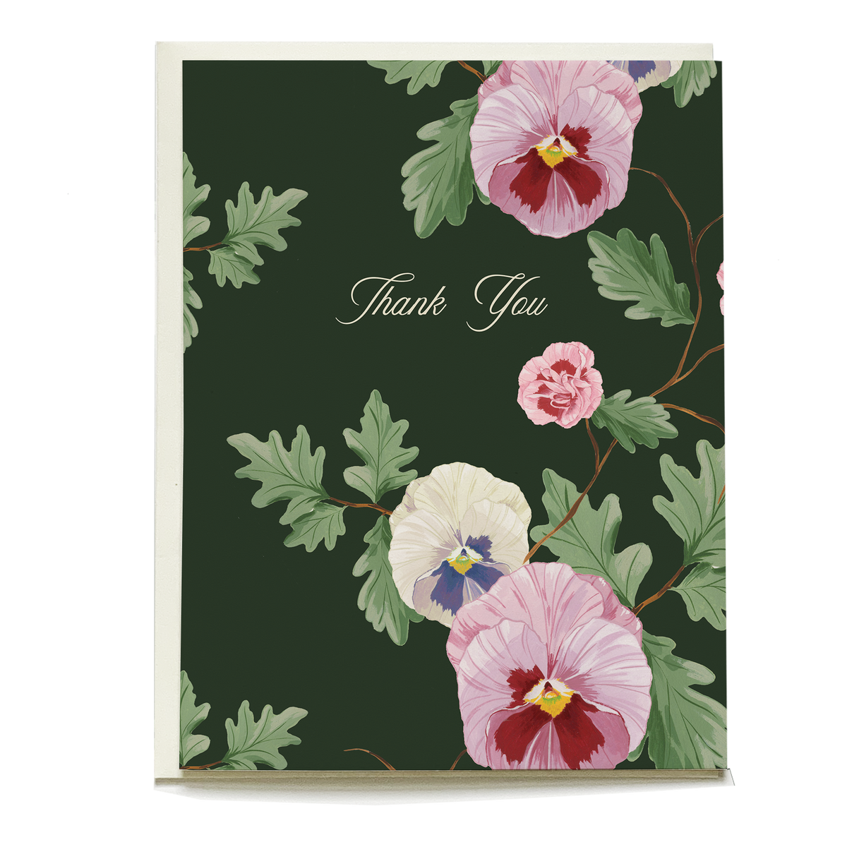 Dark green paper card featuring pink and white viola flowers with green leaves and the text Thank You in cursive.