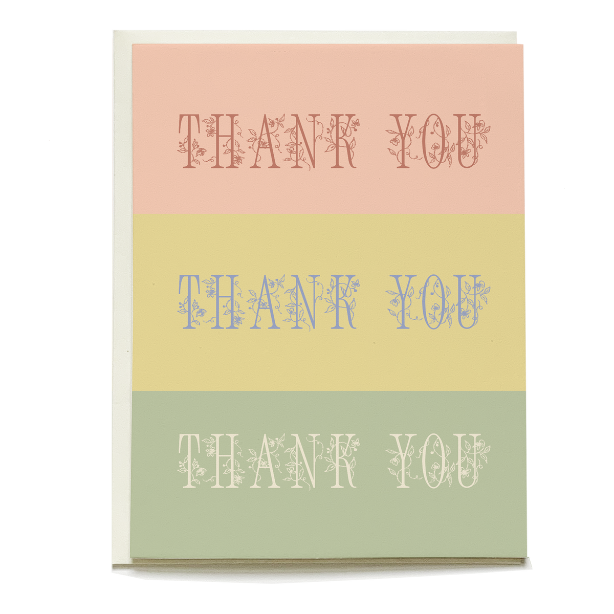 Rectangular paper card with pink, yellow, and green stripes and the text THANK YOU printed three times in floral lettering.