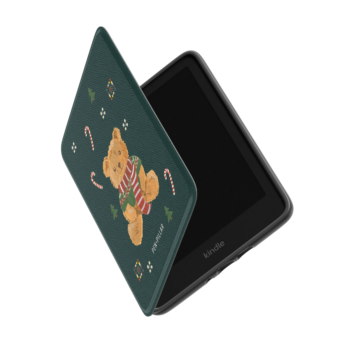 Teddy Bear Kindle case standing partly open, showing the printed front cover and the Kindle inside