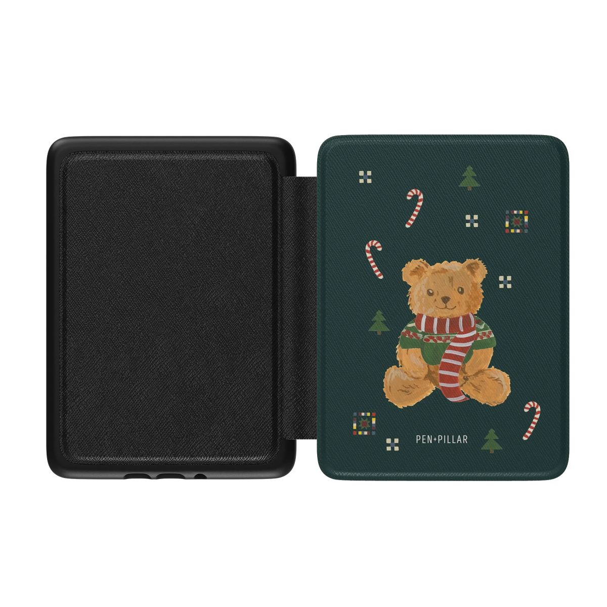 Teddy Bear Kindle case opened flat, black inner lining on the left and the printed front cover on the right