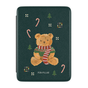 Teddy Bear Kindle case, front cover: a teddy bear in a striped scarf with candy canes on deep green