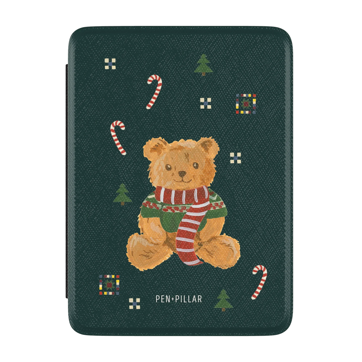 Teddy Bear Kindle case, front cover: a teddy bear in a striped scarf with candy canes on deep green