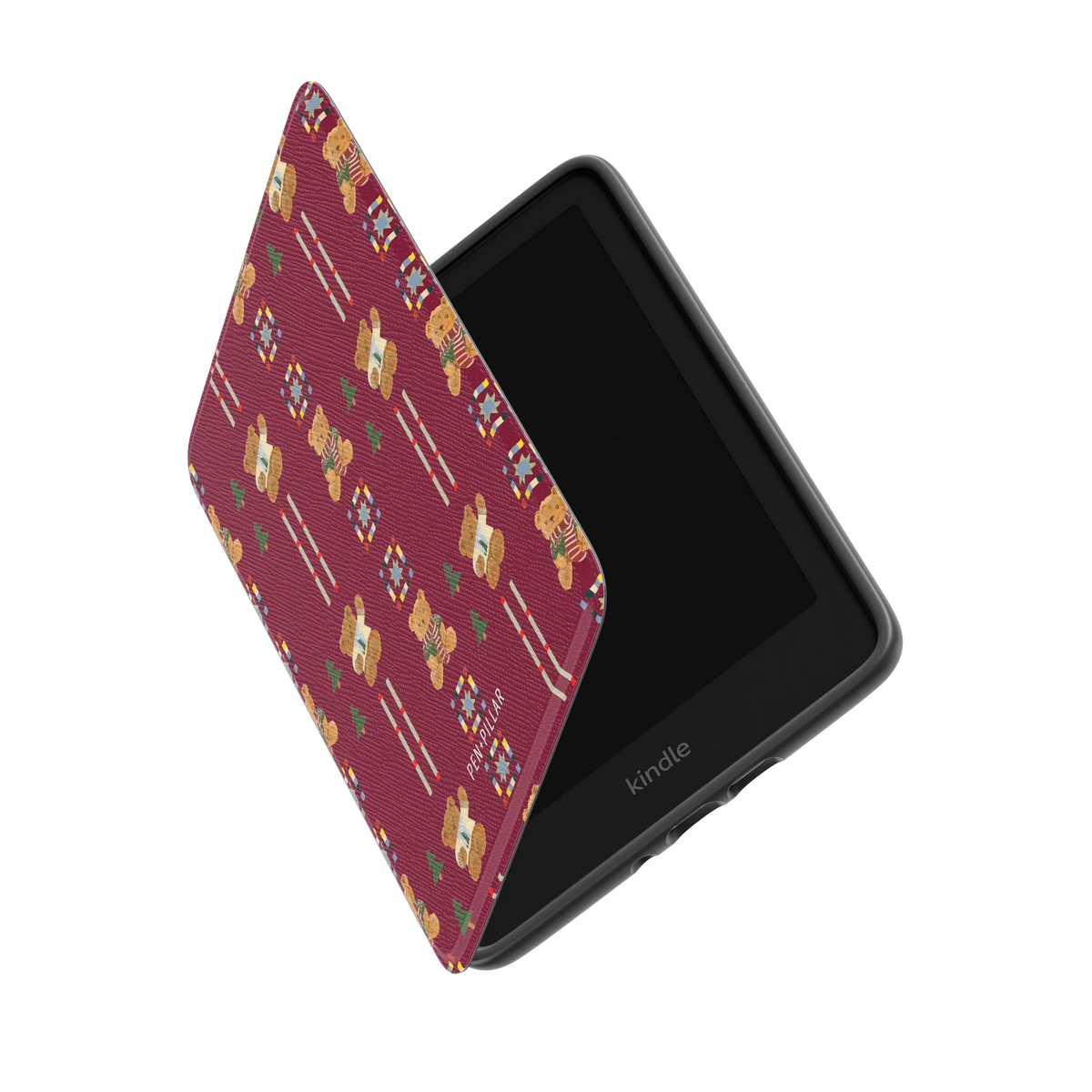 Teddy Kindle case standing partly open, showing the printed front cover and the Kindle inside
