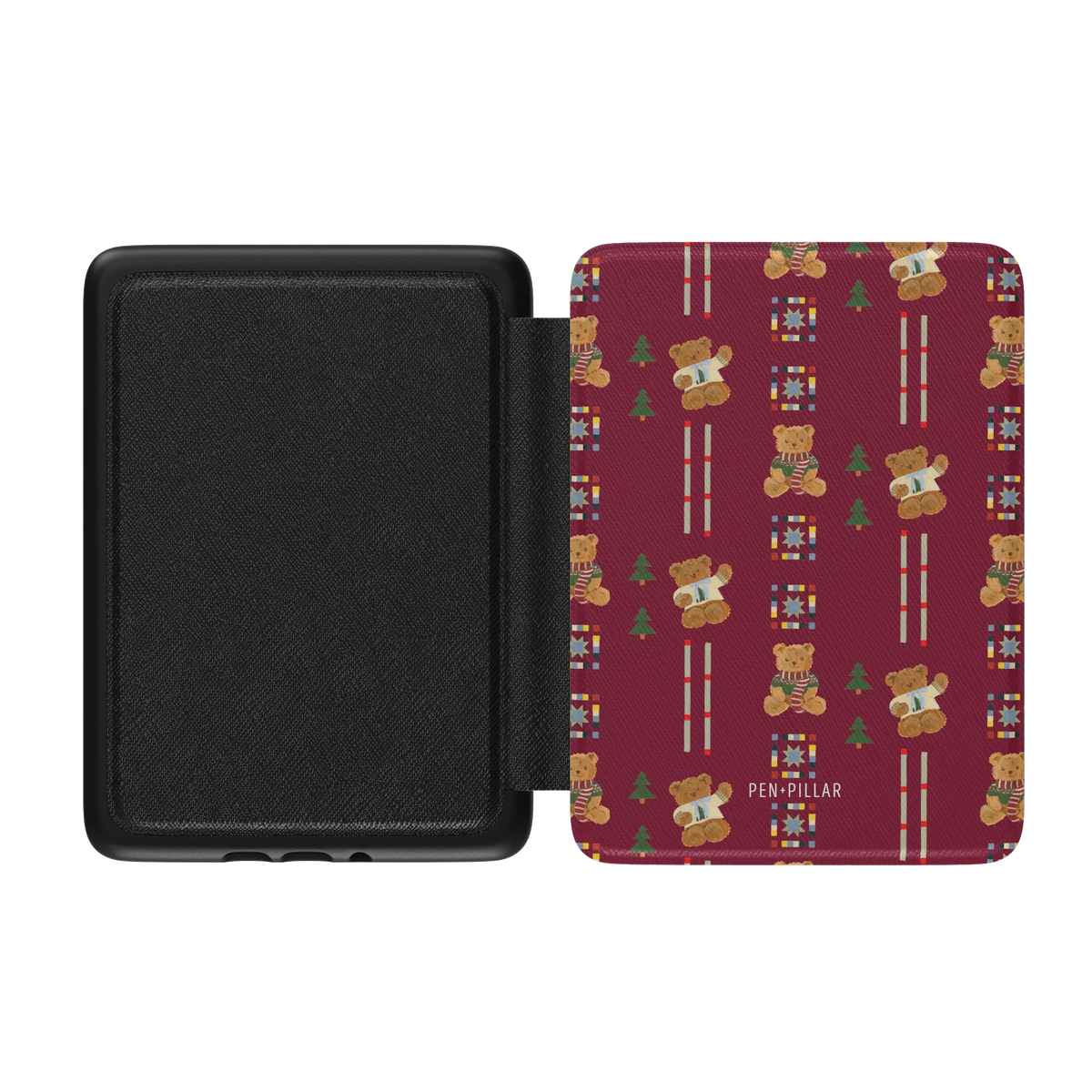 Teddy Kindle case opened flat, black inner lining on the left and the printed front cover on the right