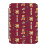 Teddy Kindle case, front cover: teddy bears in scarves and small pine trees on cranberry red