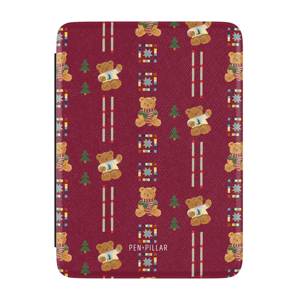 Teddy Kindle case, front cover: teddy bears in scarves and small pine trees on cranberry red