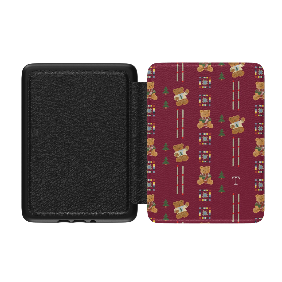 Teddy Personalized Kindle case opened flat, black inner lining on the left and the printed front cover on the right