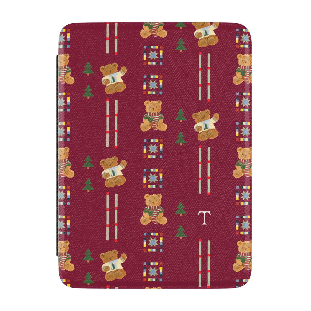 Teddy Personalized Kindle case, front cover: teddy bears in scarves and small pine trees on cranberry red with the initial T