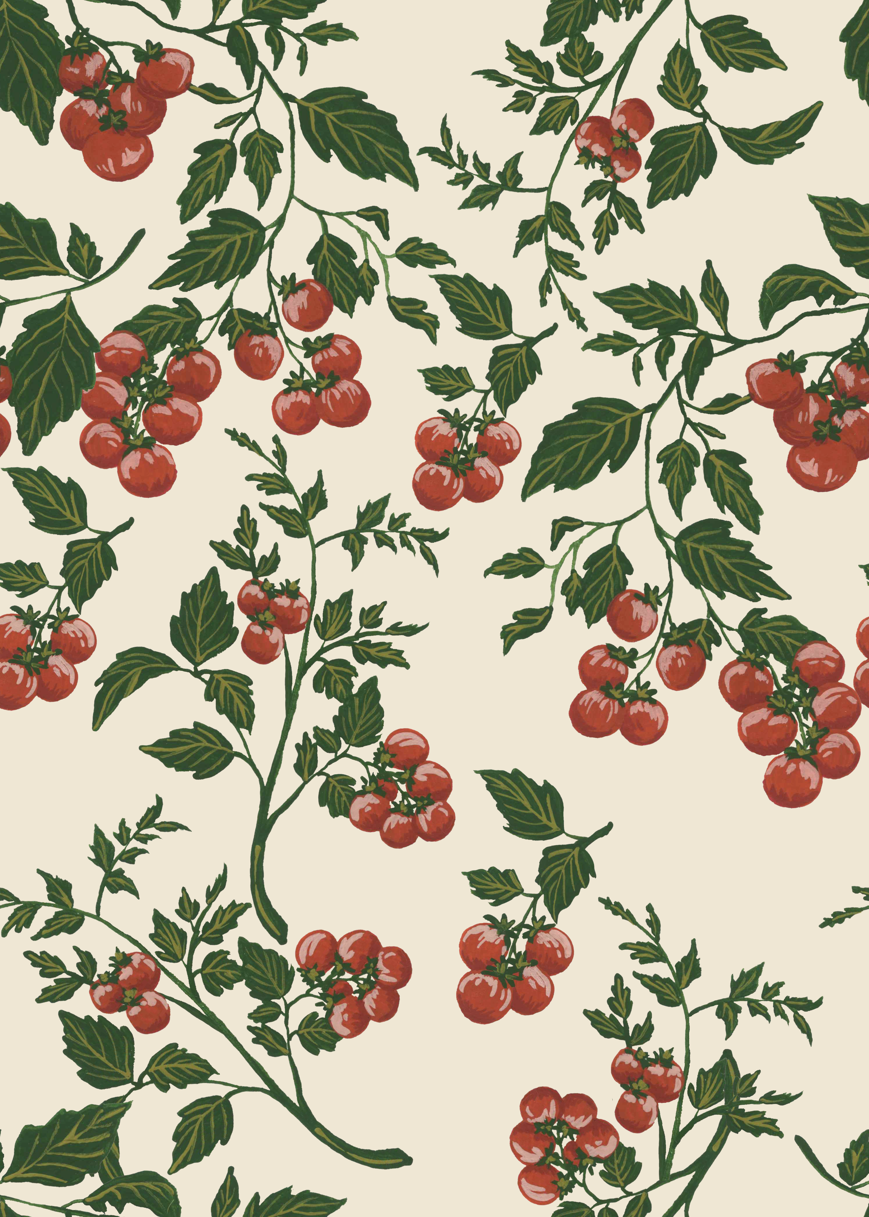 Tomato Vines botanical pattern with cherry tomatoes and green leaves on a cream background