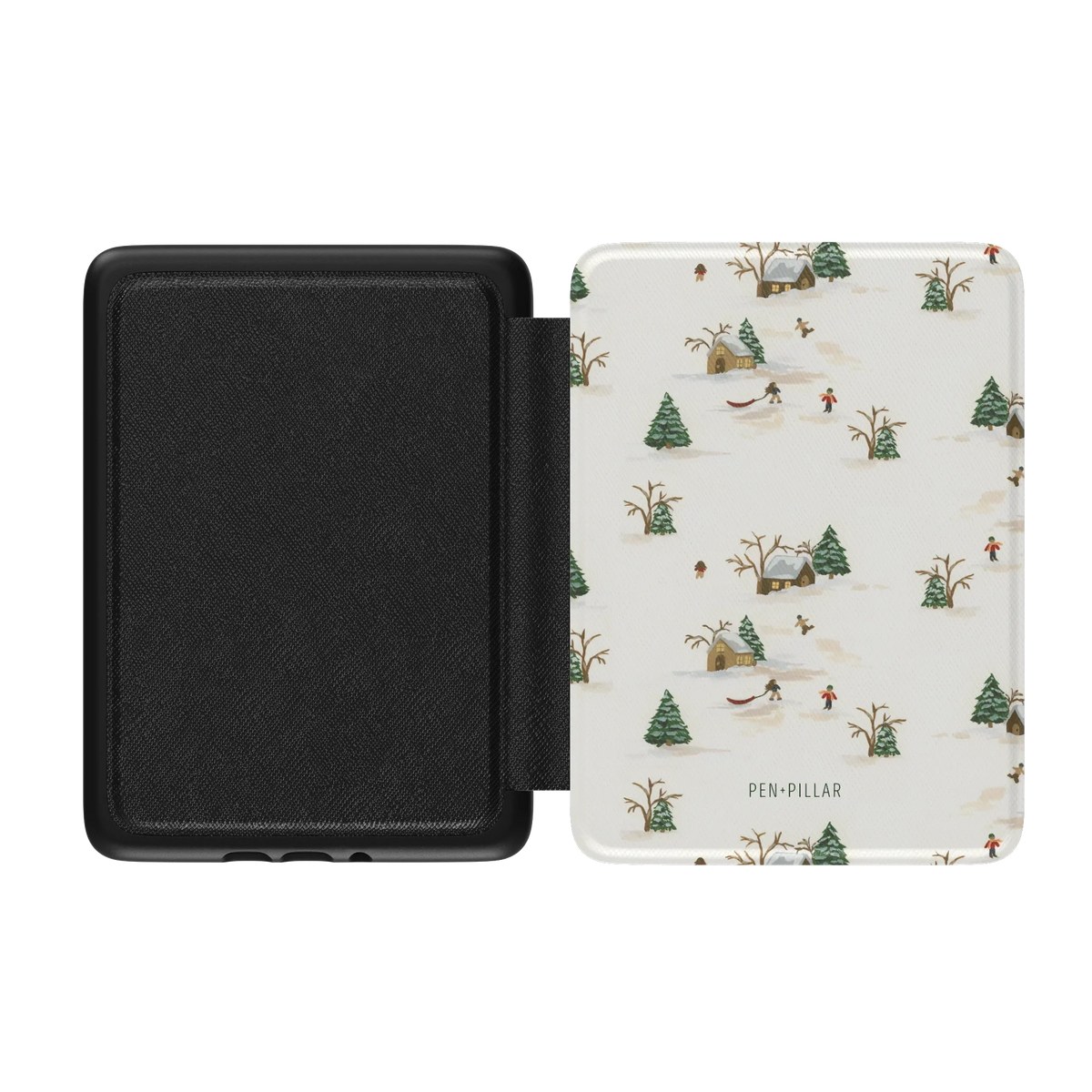Winter Village Kindle case opened flat, black inner lining on the left and the printed front cover on the right