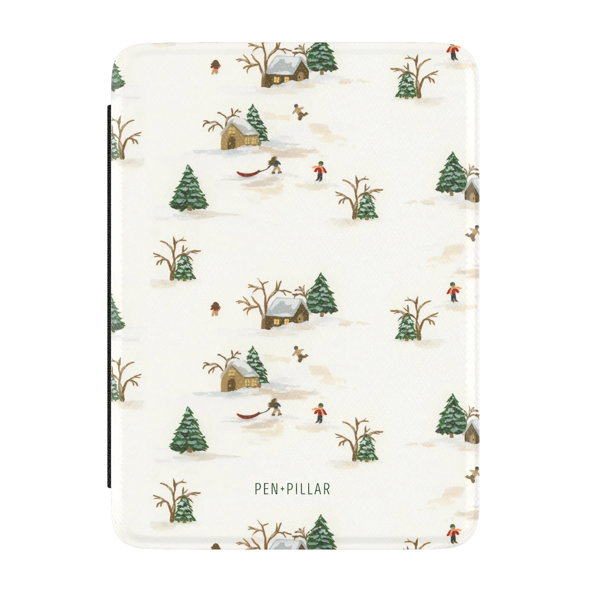 Winter Village Kindle case, front cover: a snowy village with cottages, sledders and evergreens