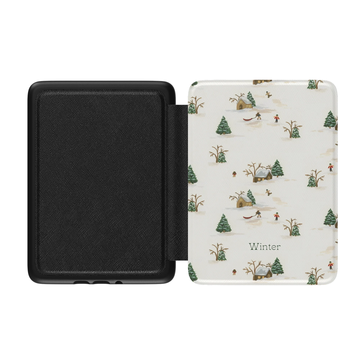 Winter Village Personalized Kindle case opened flat, black inner lining on the left and the printed front cover on the right