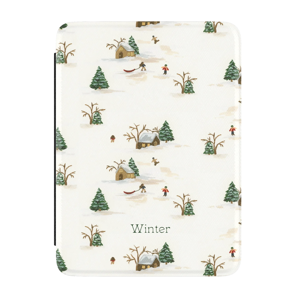 Winter Village Personalized Kindle case, front cover: a snowy village of cottages, sledders and evergreens with the name Winter