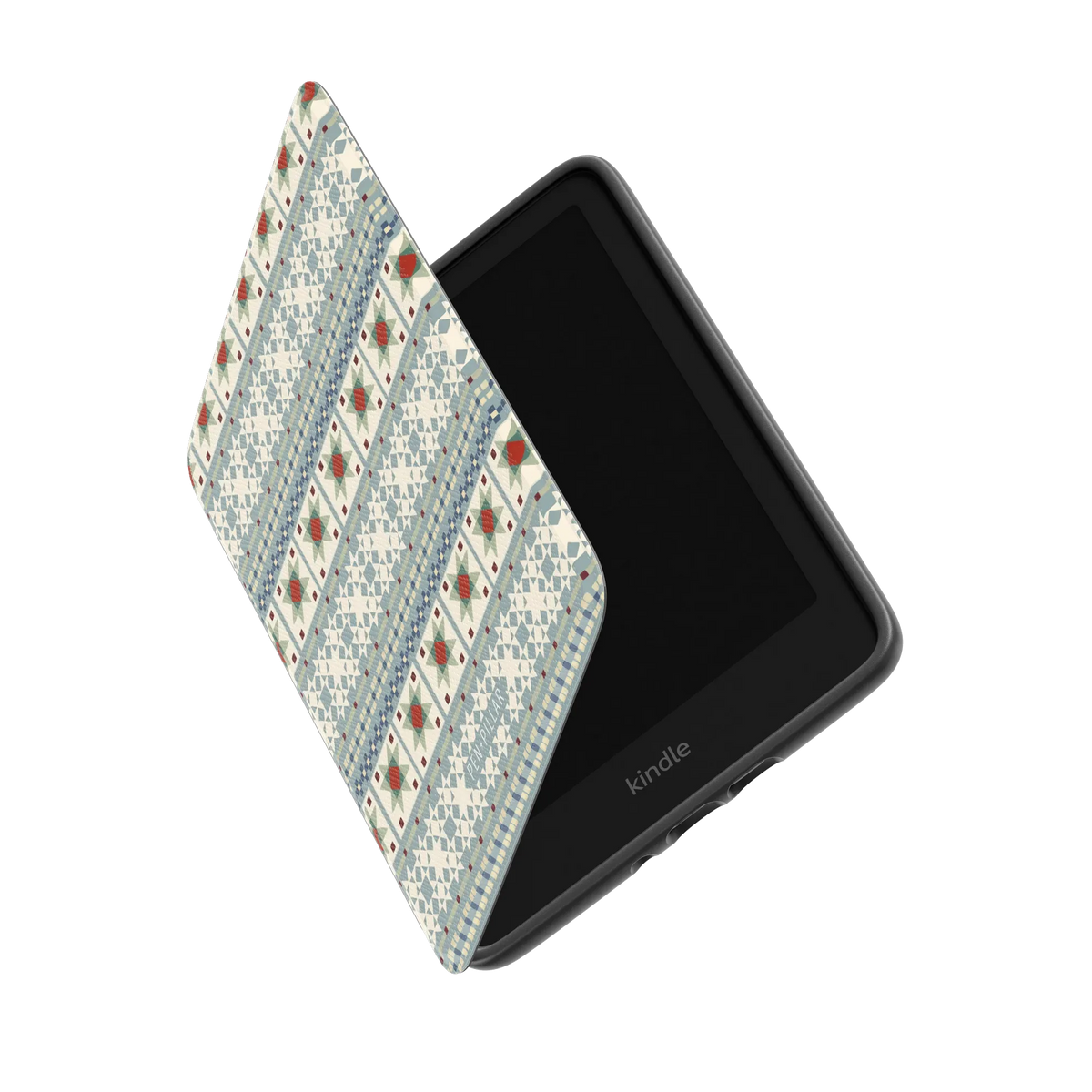 Winterberry Kindle case standing partly open, showing the printed front cover and the Kindle inside