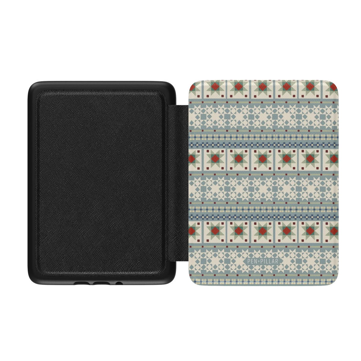 Winterberry Kindle case opened flat, black inner lining on the left and the printed front cover on the right