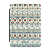 Winterberry Kindle case, front cover: pale blue Fair Isle bands with red and green quilt stars
