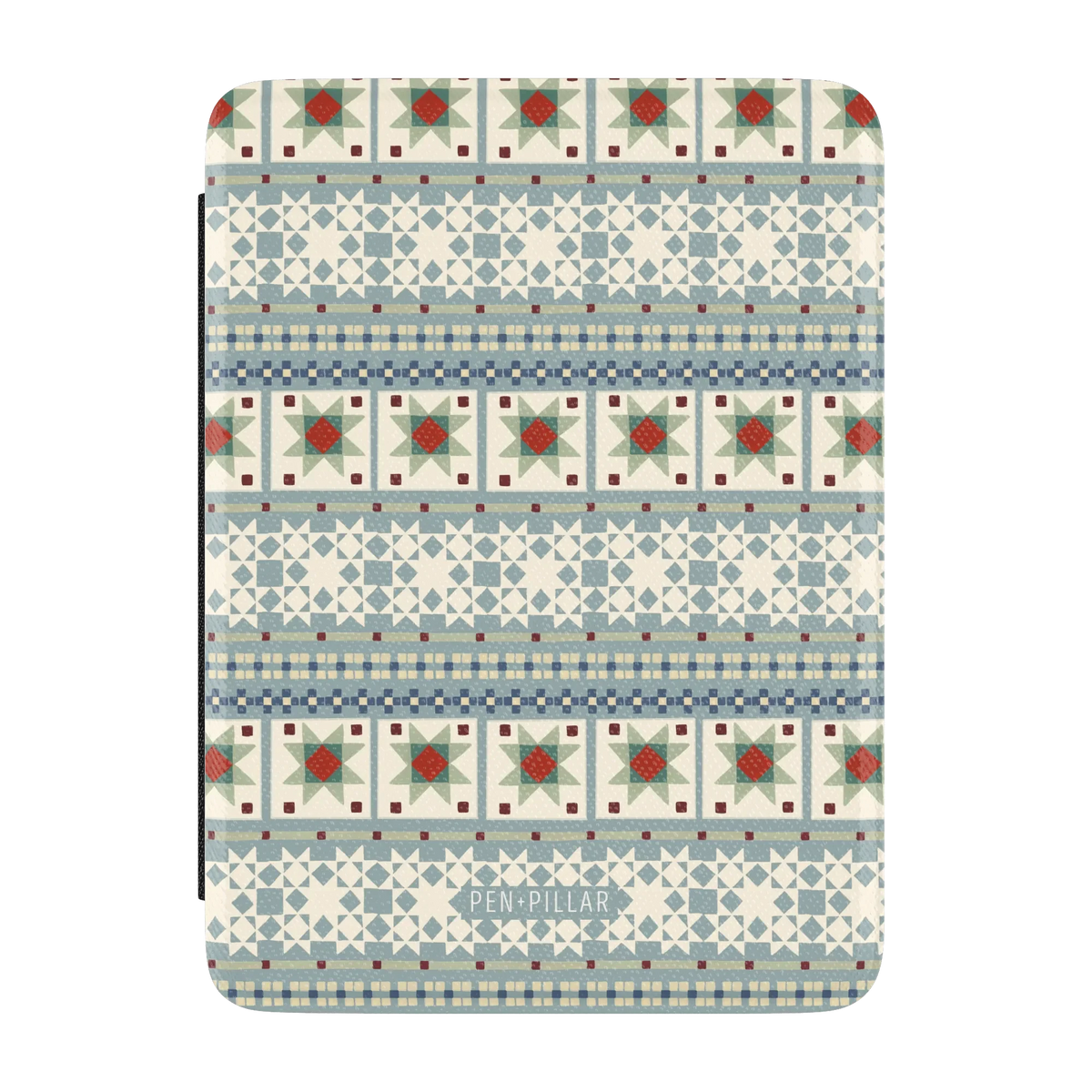 Winterberry Kindle case, front cover: pale blue Fair Isle bands with red and green quilt stars