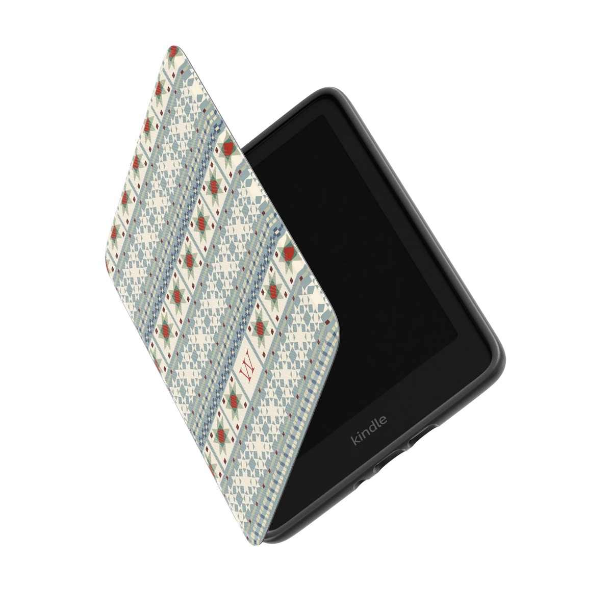 Winterberry Personalized Kindle case standing partly open, showing the printed front cover and the Kindle inside
