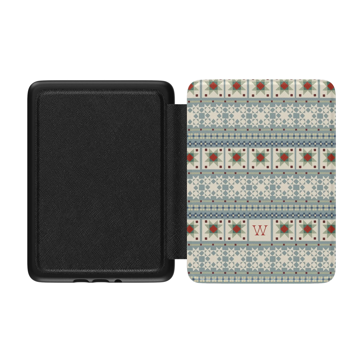 Winterberry Personalized Kindle case opened flat, black inner lining on the left and the printed front cover on the right