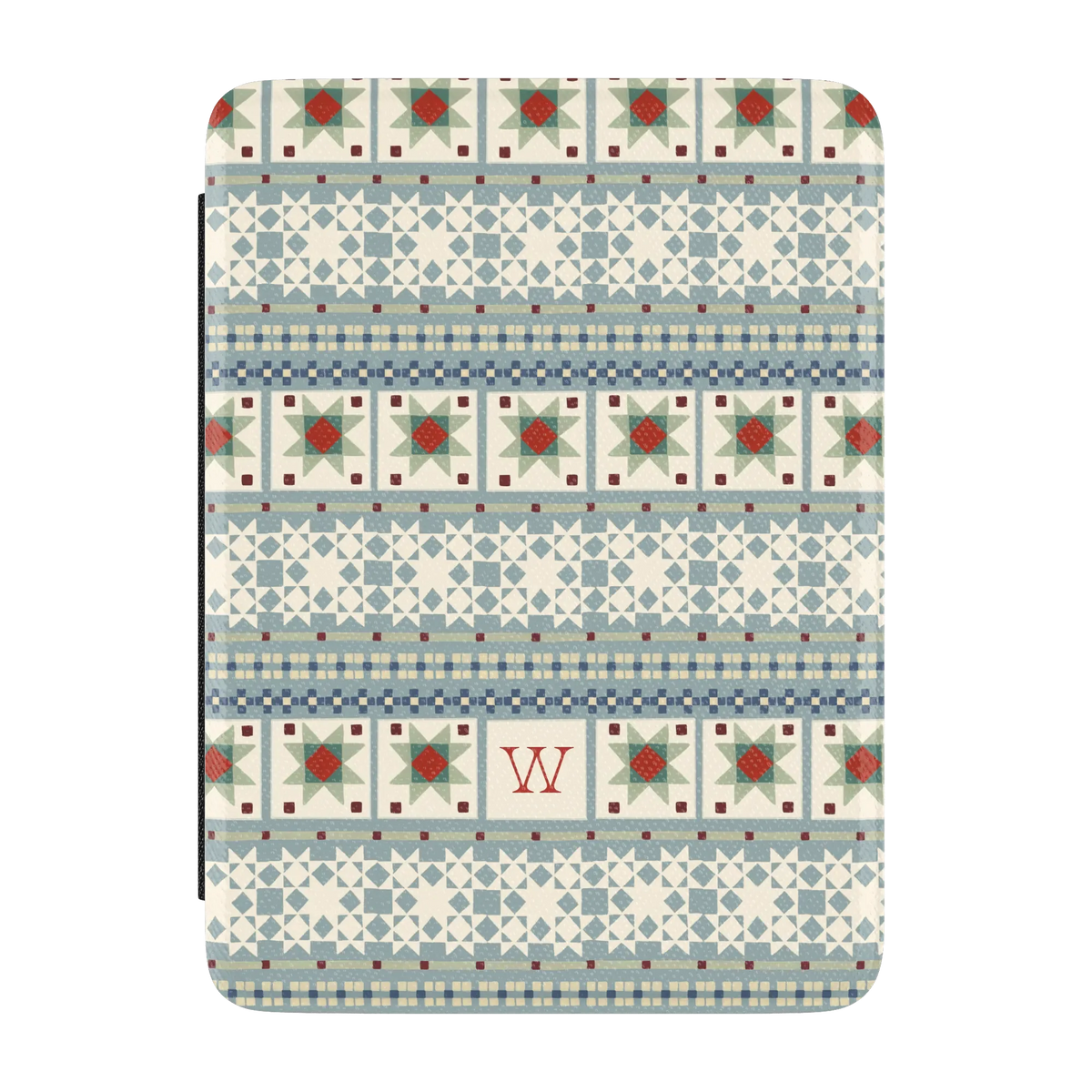 Winterberry Personalized Kindle case, front cover: pale blue Fair Isle bands with red and green quilt stars with the initial W