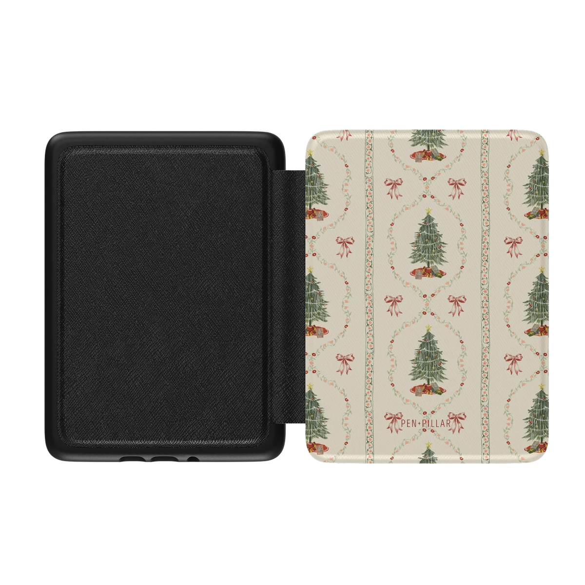 Yuletide Kindle case opened flat, black inner lining on the left and the printed front cover on the right