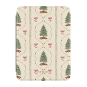 Yuletide Kindle case, front cover: Christmas trees framed by red ribbon garlands on cream