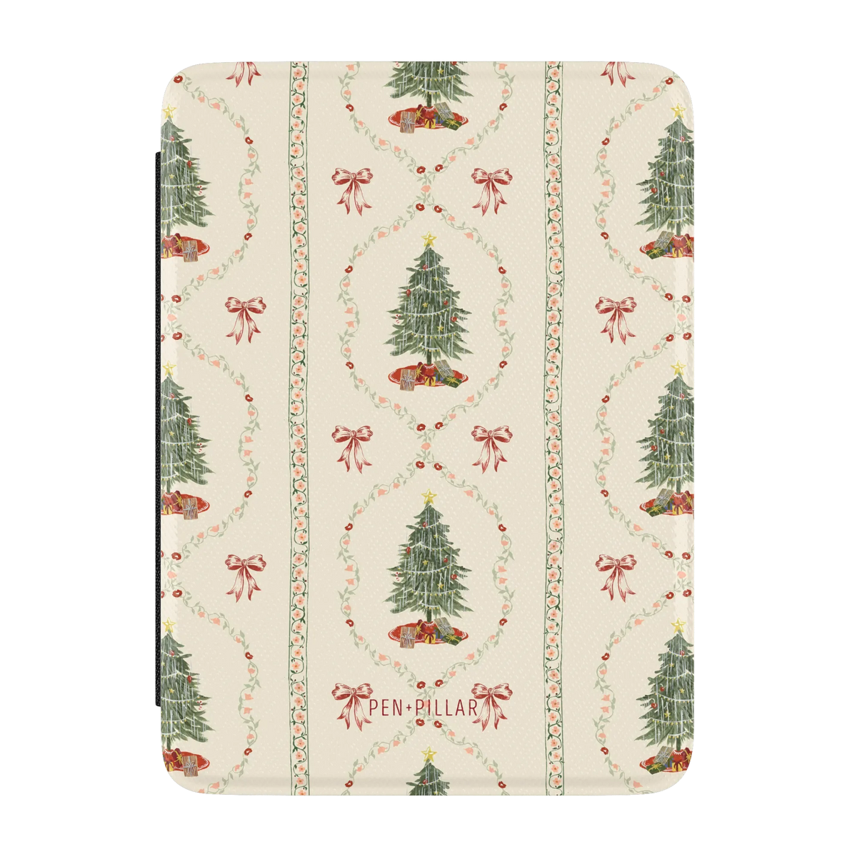 Yuletide Kindle case, front cover: Christmas trees framed by red ribbon garlands on cream