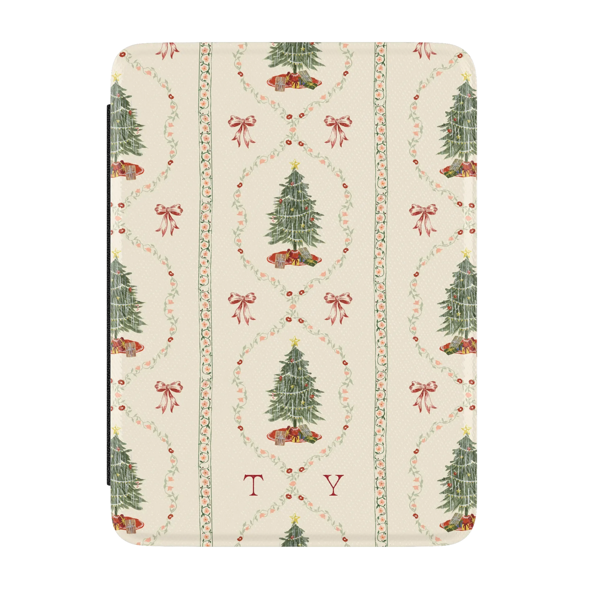Yuletide Personalized Kindle case, front cover: Christmas trees framed by red ribbon garlands on cream with the initials TY