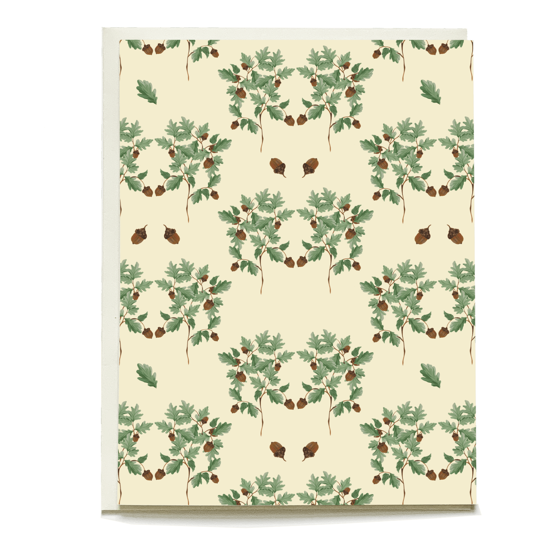 Acorns blank card featuring a repeating pattern of acorns and oak leaves on a cream background.