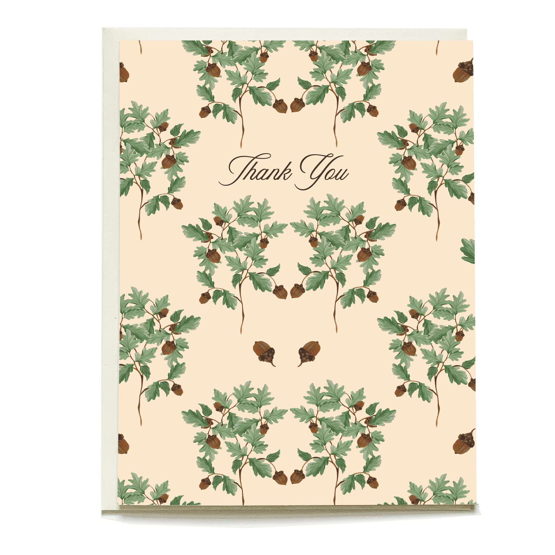 Thank you card featuring acorn and leaf patterns on a light peach background.