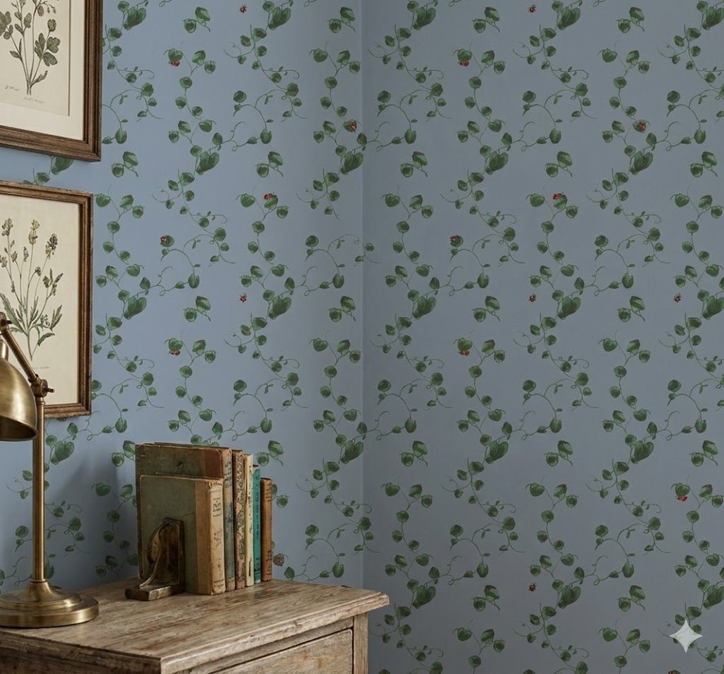 Blue Albie wallpaper by Pen and Pillar featuring a repeating pattern of green leafy vines and small red berries.