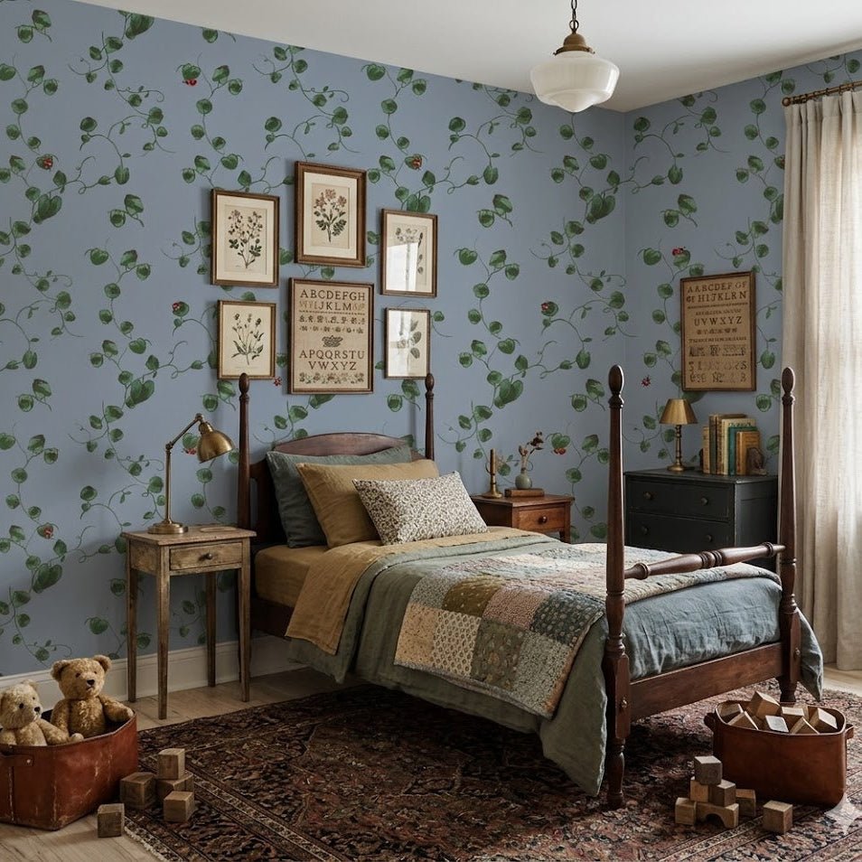 Blue Albie wallpaper by Pen and Pillar featuring green vine and red berry patterns in a bedroom with a wood four-poster bed.