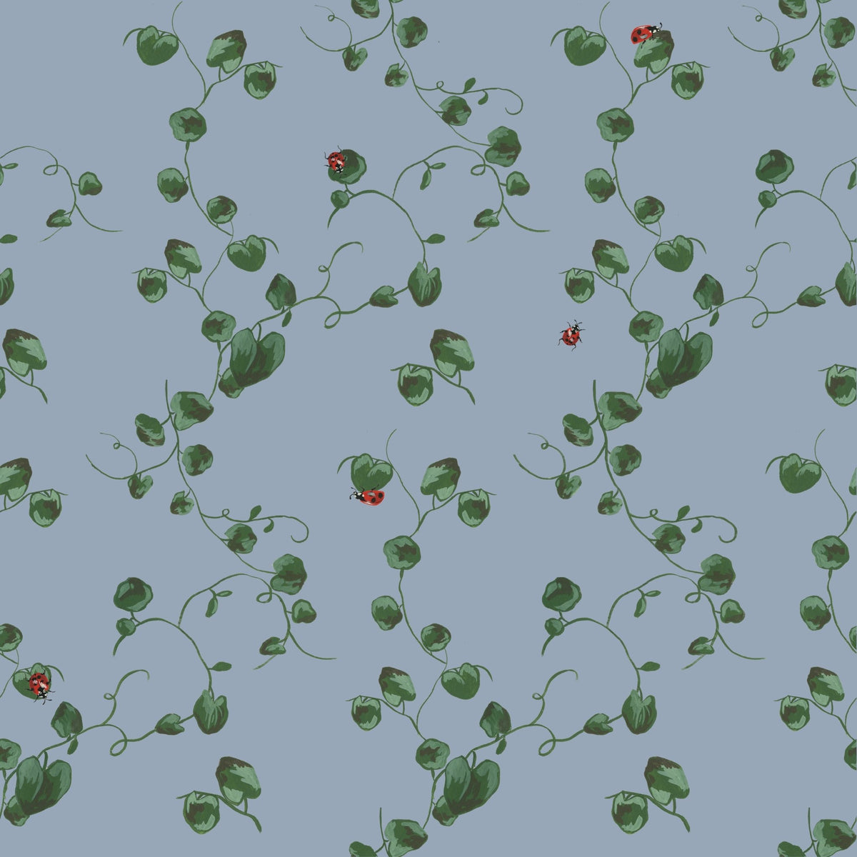 Green leafy vines and red ladybugs on a light blue background for Albie wallpaper by Pen and Pillar.