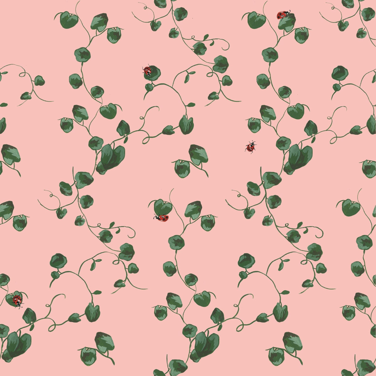 Albie Wallpaper by Pen and Pillar featuring green leafy vines and red ladybugs on a light pink background.