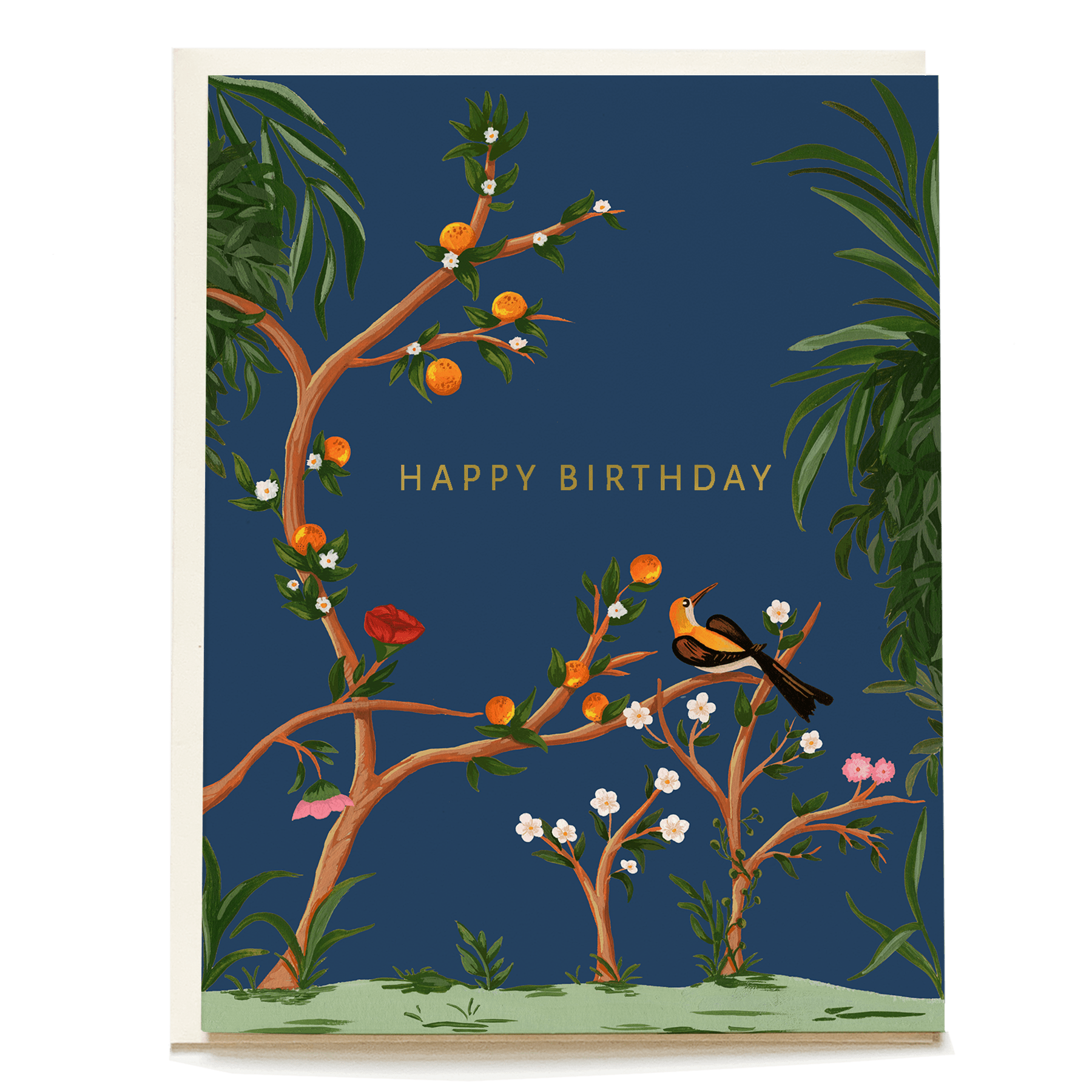 Ancient garden birthday card featuring orange trees, flowers, and a bird on a dark blue background with "Happy Birthday" t...