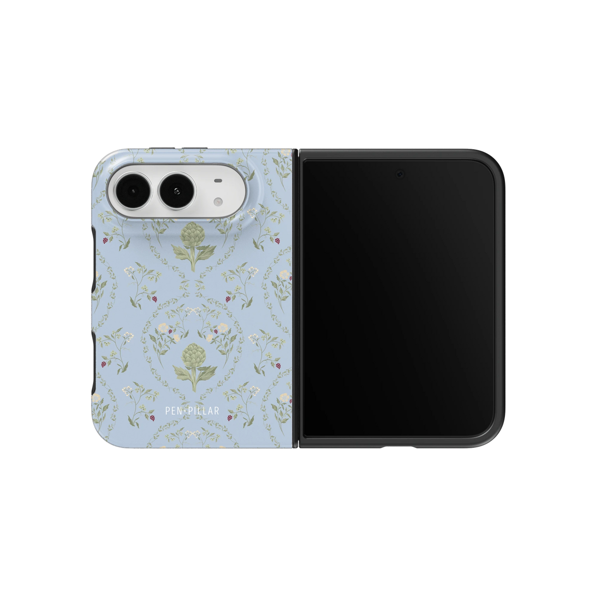 Artichoke iPhone 18 Duo case on an unfolded iPhone 18 Duo, back and screen side by side: soft green artichokes in a vintage trellis on dusty blue