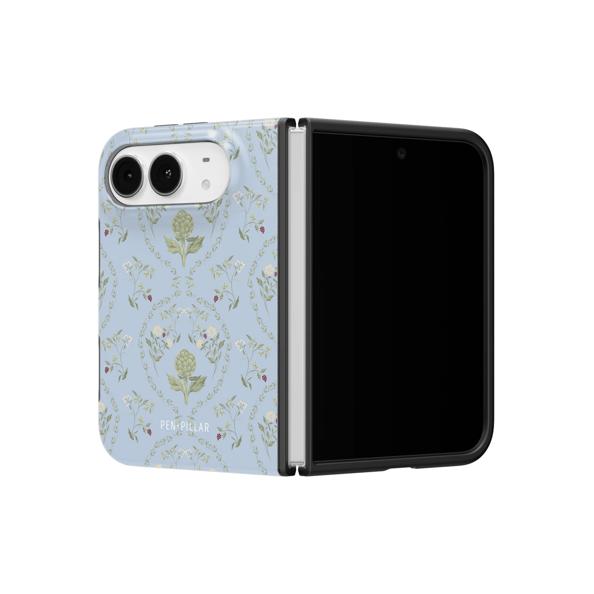 Artichoke iPhone 18 Duo case on a half-open iPhone 18 Duo, angled view