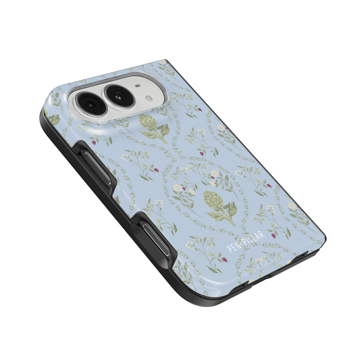 Artichoke iPhone 18 Duo case, angled view showing the camera surround and side buttons