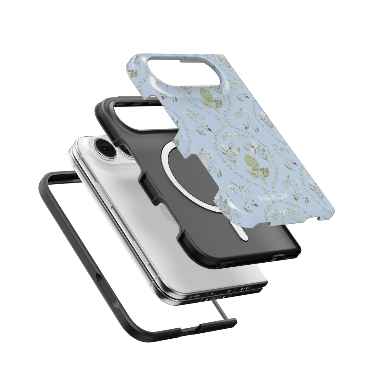 Artichoke iPhone 18 Duo case, exploded view of the printed shell, black inner layer with MagSafe ring, and phone