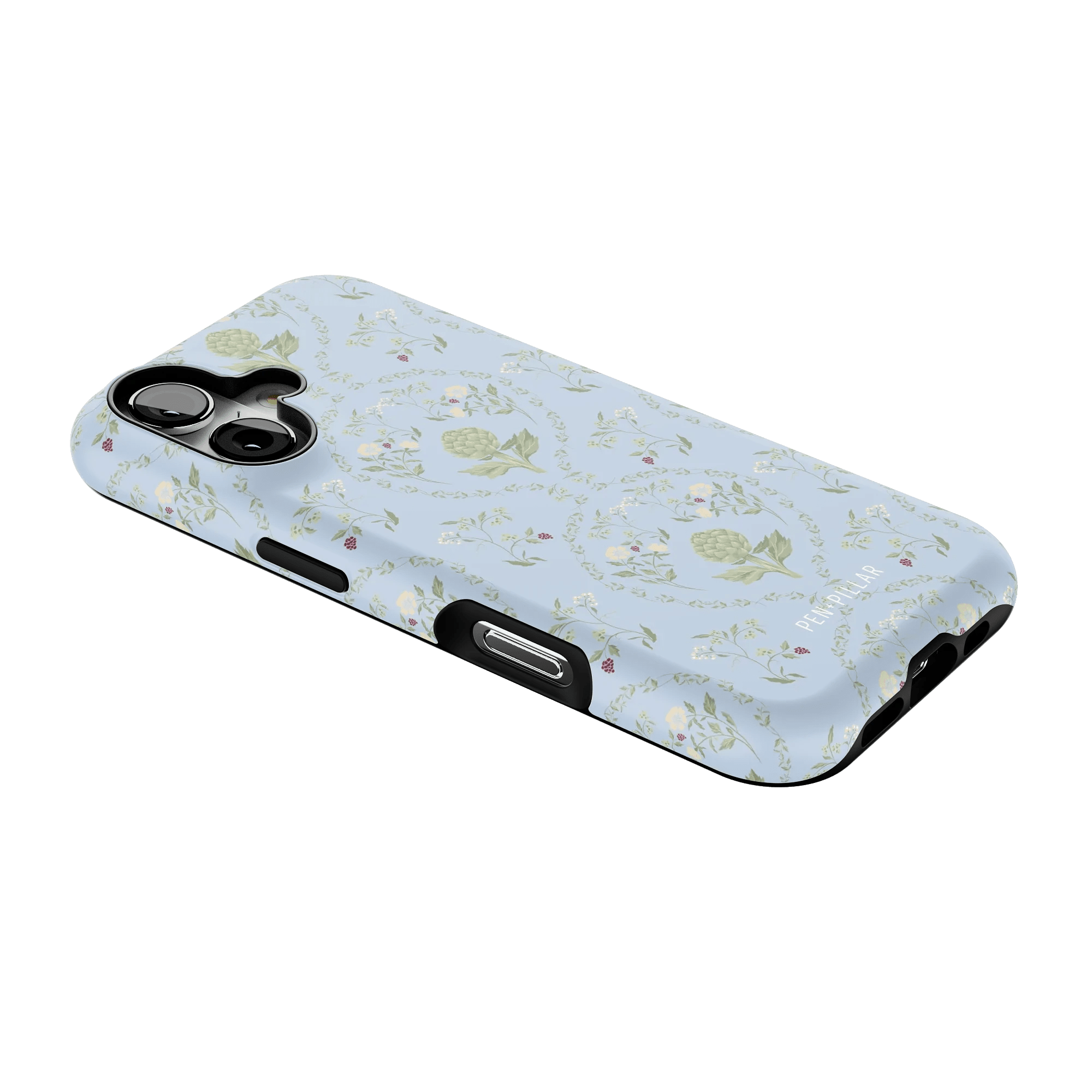 Artichoke iPhone case featuring a light blue background with a floral pattern and artichoke illustrations.