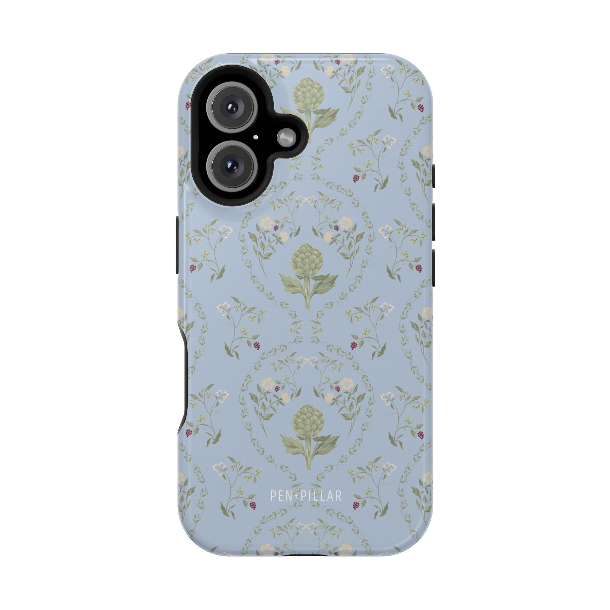 Artichoke iPhone case featuring a light blue floral pattern with artichoke designs and a sleek black edge.