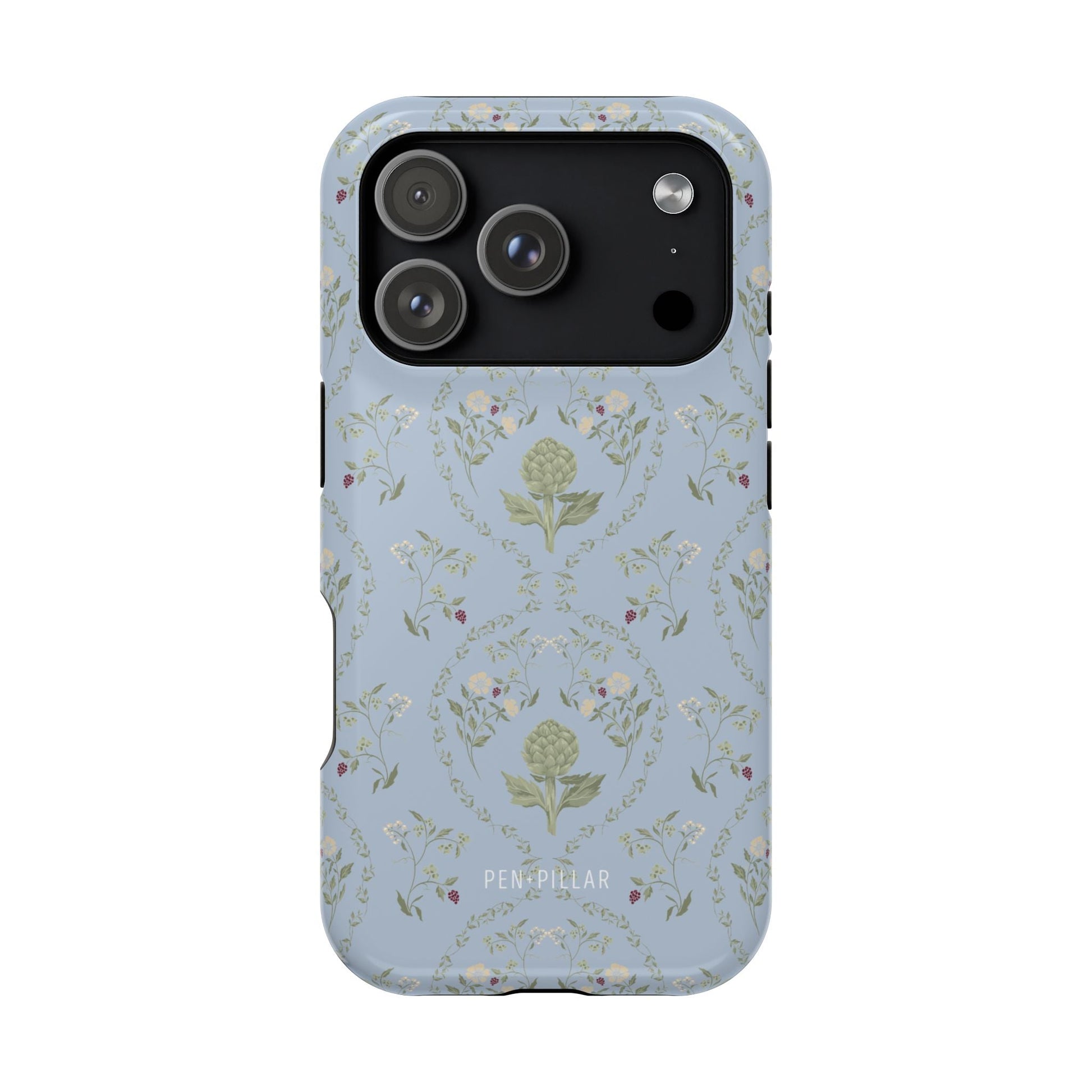 Artichoke iPhone case featuring a light blue background with floral patterns and a detailed artichoke design.