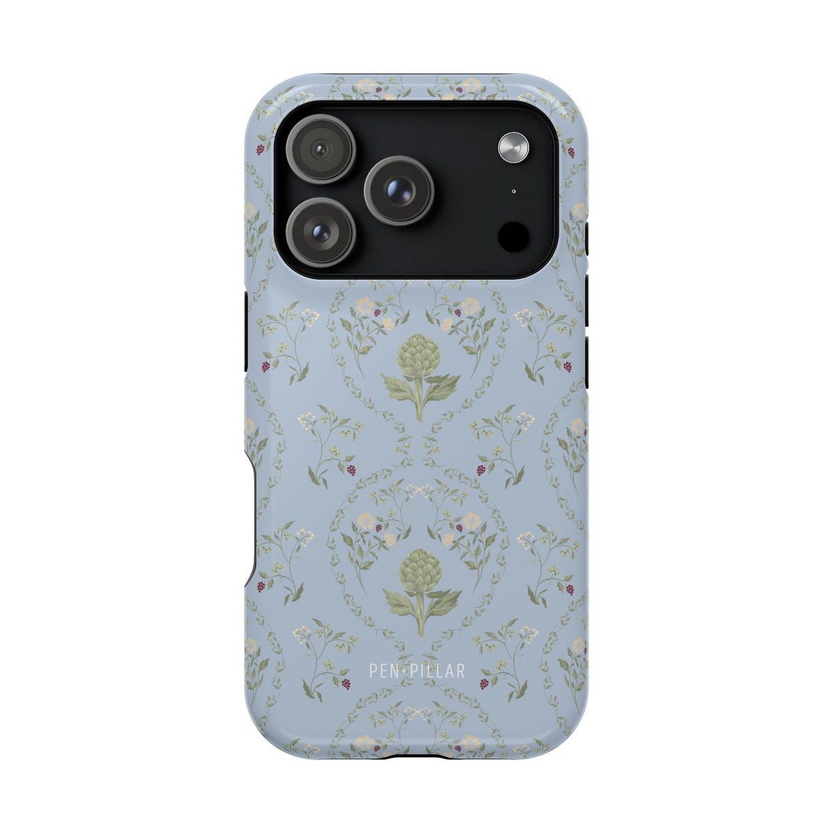 Artichoke iPhone case featuring a light blue background with floral patterns and a detailed artichoke design.